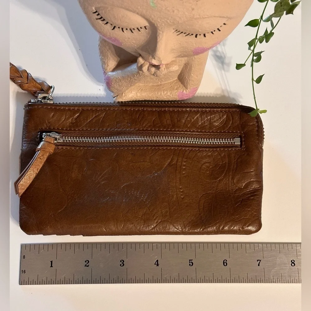 MARGOT Cognac Genuine Leather Card Case Wristlet Wallet Zipper Closure